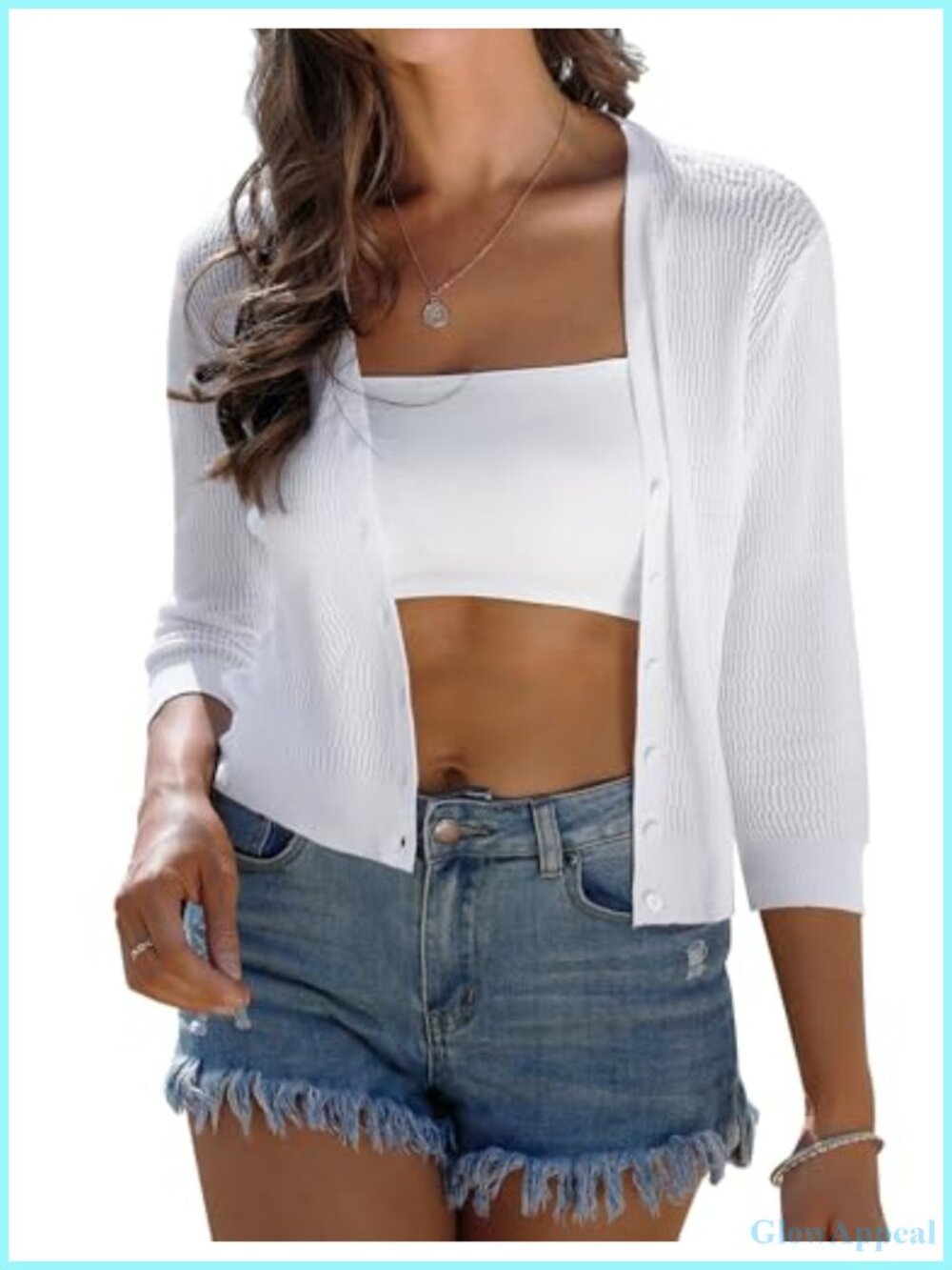 Lightweight Cropped Cardigan Knit Shrug 3/4 Sleeve V-Neck Button Front Summer